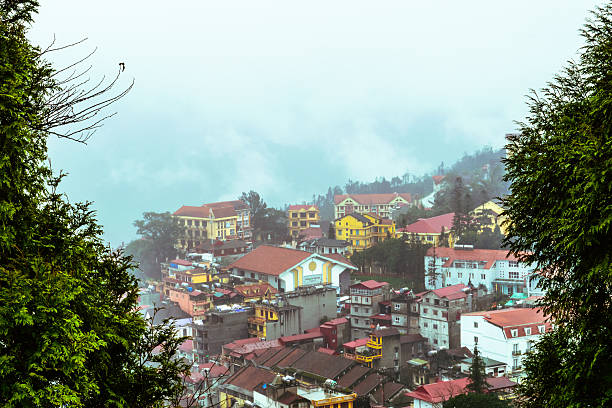 istock View of Sapa city in the mist with tree frame 468475514