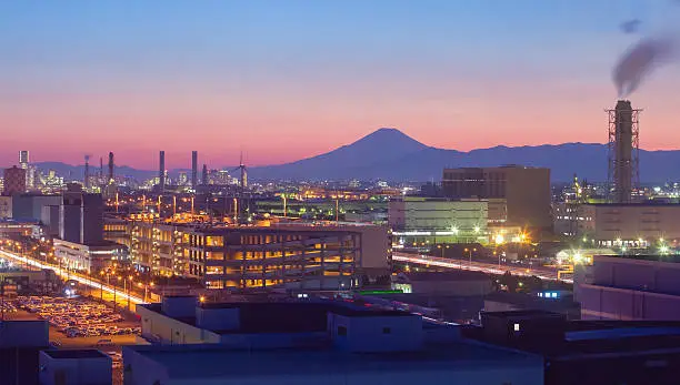 Mountain Fuji and Japan industry zone from Kawasaki city at twilight time