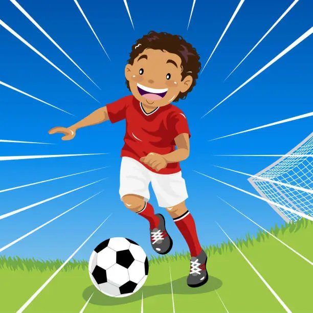 Vector illustration of Teenage boy soccer dribbles down the field