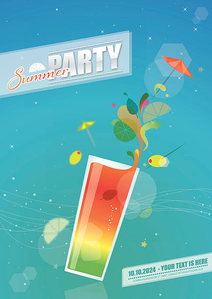 illustrazioni stock, clip art, cartoni animati e icone di tendenza di poster ai cocktail party estivo con vetro - aperitivo