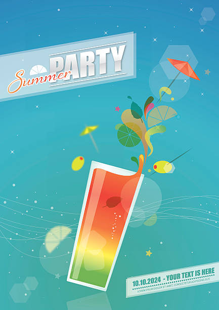 партия плакат с летом коктейль стекла - drink umbrella illustrations stock illustrations