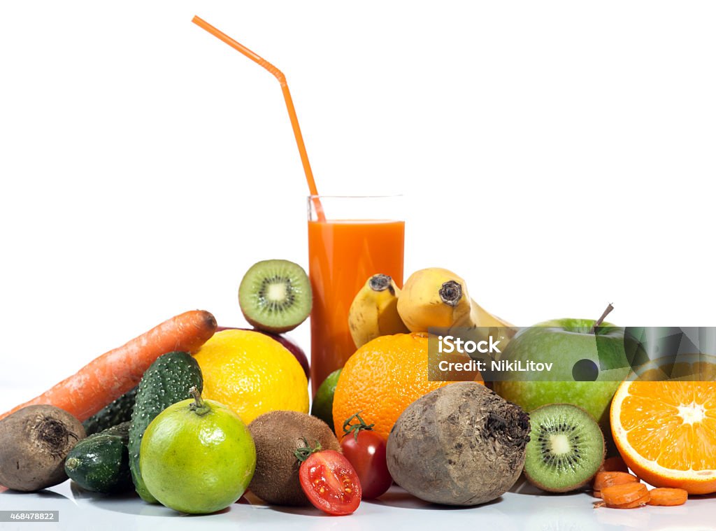Fresh Fresh juice with colorful fruits and vegetables isolated on white background. 2015 Stock Photo