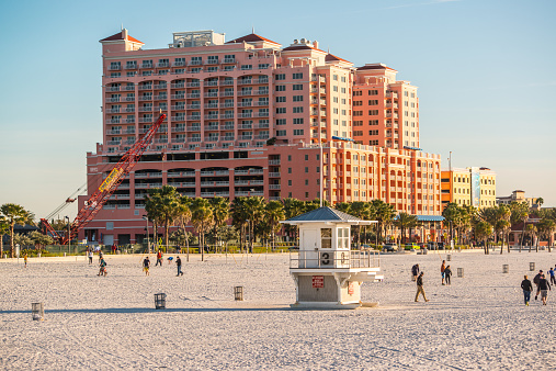 Clearwater Beach, USA  - January 16, 2015: Clearwater Beach and Hyatt Regency Hotel. People on the beach. 