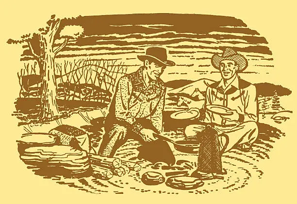 Vector illustration of Cowboys Around Campfire at Dinnertime