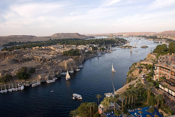 Sehel Island (Elephantine) in Aswan, Egypt Aerial view of Sehel Island (Elephantine) near Aswan in Eygpt, 2008. Seen from a hotel roof southeast of the island. Sailboats and small tourist boats. aswan egypte stock pictures, royalty-free photos & images