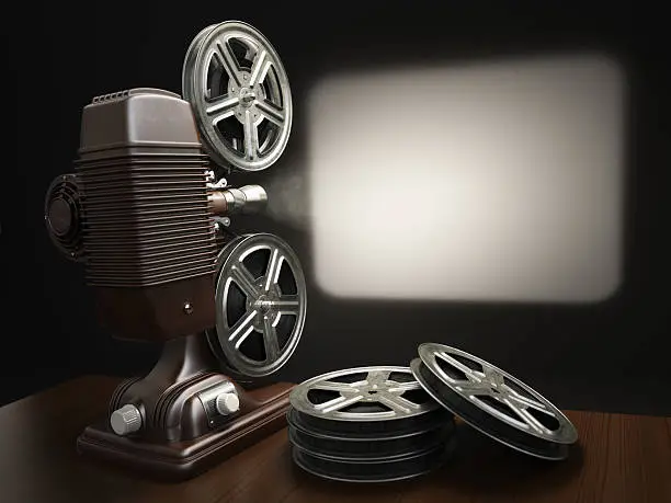 Cinema, movie or video concept. Vintage projector with projecting blank and reels of film. 3d