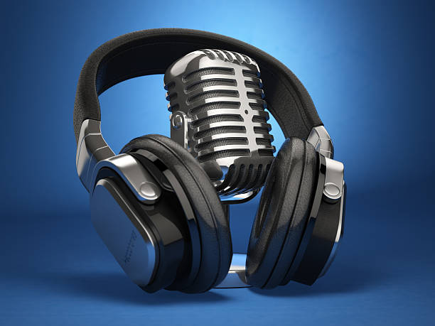 istock Vintage microphone and headphones on blue background. Concept au 468488574
