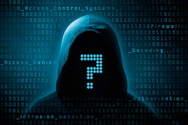 hacker in the dark hooded computer hacker in the shadow with binary codes question mark people one person silhouette stock pictures, royalty-free photos & images