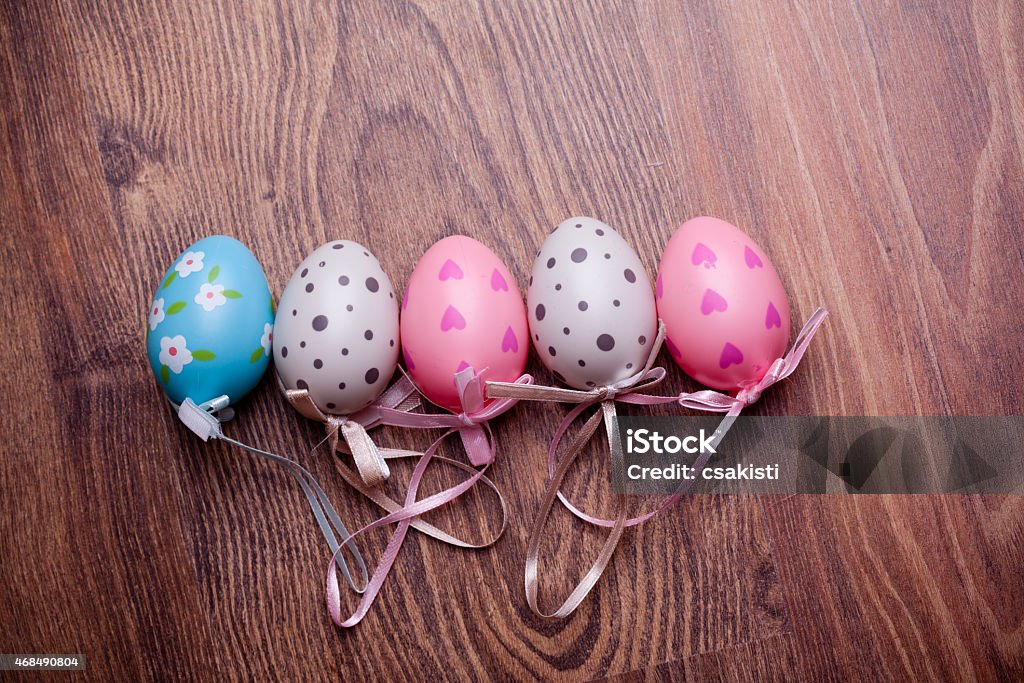 easter decoration easter eggs decoration against wooden background 2015 Stock Photo