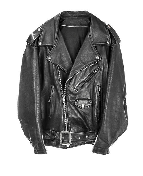 vintage leather biker jacket isolado a branco - casaco de couro imagens e fotografias de stock