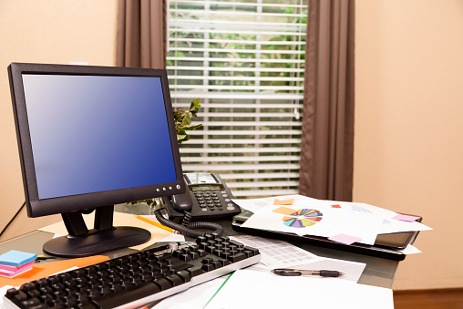 Computer Empty Document Empty Office Desk With Files Paperwork Documents And A Computer Stock ...