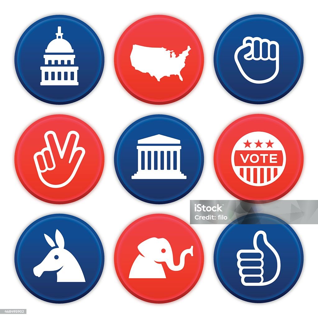 Political Icons and Symbols Political icons and symbols collection. Nine circular American politics icons are available showing the United States Capitol dome, Supreme Court, continental United States, power fist, peace hand sign, vote button, donkey, elephant and thumbs up symbols. EPS 10 file. Transparency effects used on highlight elements. Icon Symbol stock vector