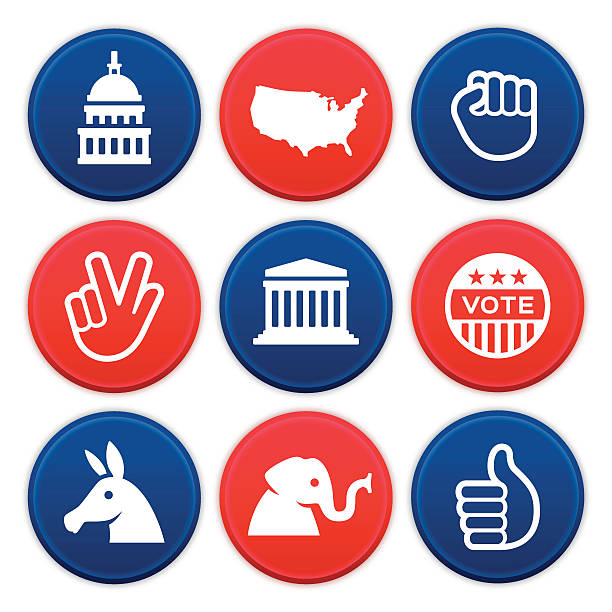 Political Icons and Symbols Political icons and symbols collection. Nine circular American politics icons are available showing the United States Capitol dome, Supreme Court, continental United States, power fist, peace hand sign, vote button, donkey, elephant and thumbs up symbols. EPS 10 file. Transparency effects used on highlight elements. gop debate stock illustrations