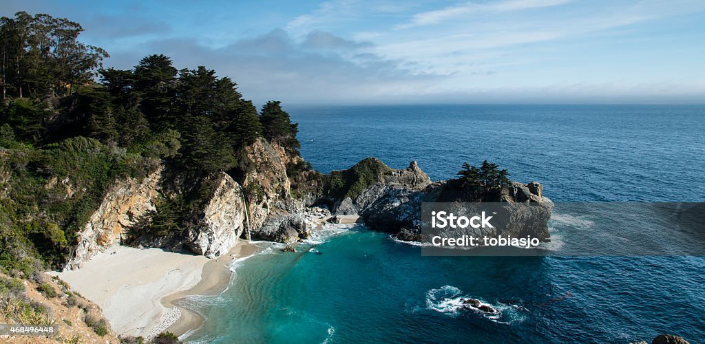 McWay falls Big Sur California McWay Falls is an 80-foot waterfall located in Julia Pfeiffer Burns State Park that flows year-round. This waterfall is one of only two in the region that are close enough to the ocean to be referred to as "tidefalls", the other being Alamere Falls. The source of the waterfall is McWay Creek and is one of the few waterfalls that empties directly into the ocean. Originally the waterfall cascaded directly into the ocean but after a 1983 fire and 1985 landslides, the topography of McWay Cove was altered, forming an inaccessible beach. The waterfall now meets the ocean when the tide is in. McWay Waterfall Stock Photo