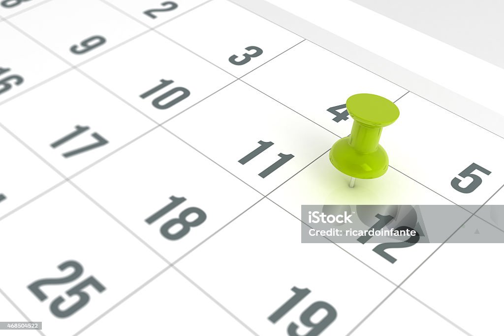 Calendar with green Pushpin 3D Rendering, date concept using white background and simple composition. Lighting with Vray 2015 Stock Photo