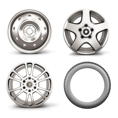 Set from three disks for the car and the tire isolated on white background. 3d illustration.