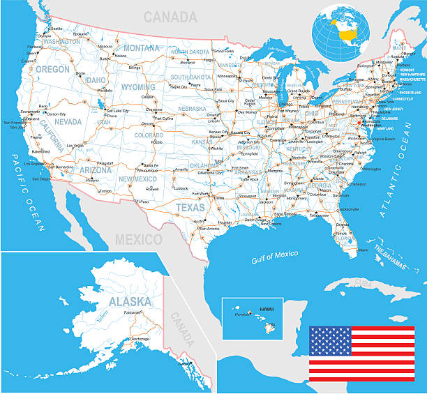 united states (usa) - map, flag, navigation labels, roads - illustration - 錯綜複雜 幅插畫檔、美工圖案、卡通及圖標