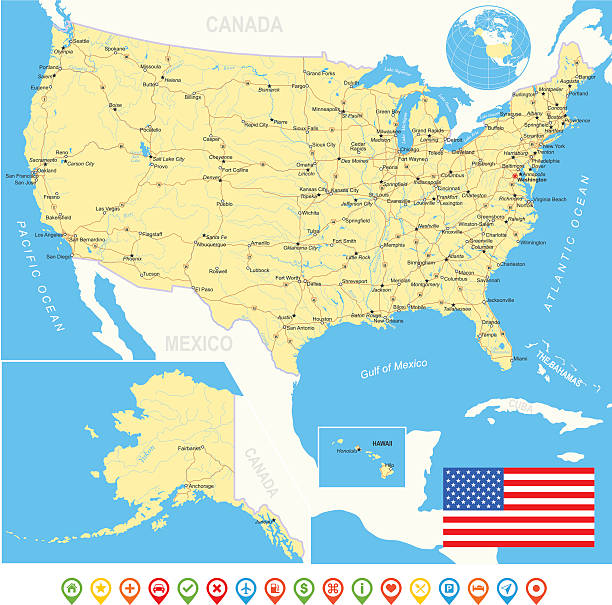 istock United States (USA) - map, flag, navigation icons, roads, rivers 468518036