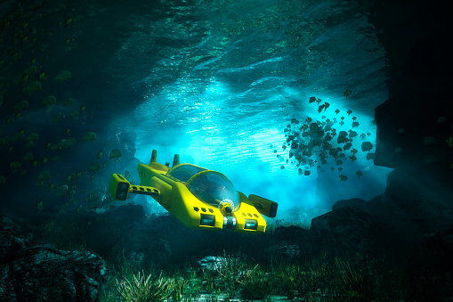 Underwater cave with submarine, sea, exploration. 3D render.