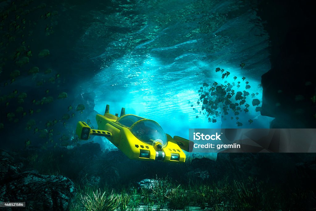 Underwater cave with submarine, sea, exploration Underwater cave with submarine, sea, exploration. 3D render. Submarine Stock Photo