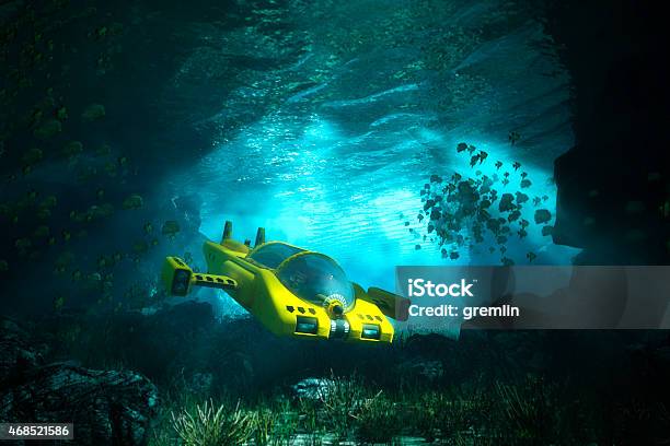 Underwater Cave With Submarine Sea Exploration Stock Photo - Download Image Now - Submarine, Deep, Underwater