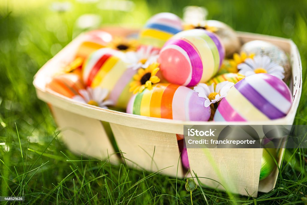 easter eggs basket on the grass 2015 Stock Photo