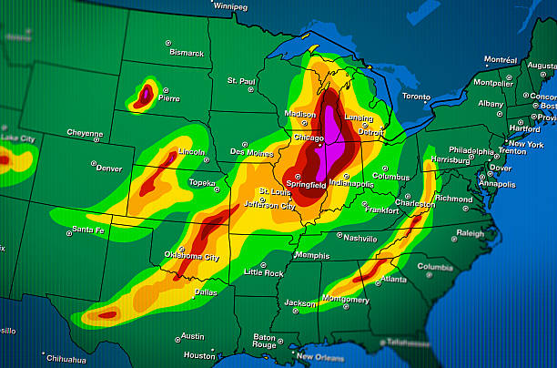Severe Weather Map Forecast Severe weather map forecast over part of United States. radar stock pictures, royalty-free photos & images
