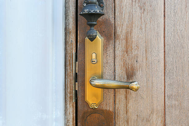 istock old wood door with metal handle 468529842