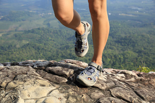 istock hiking woman legs climbing on mountain peak 468532608