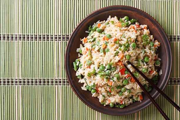 istock Japanese fried rice with egg and peas top view horizontal 468532758
