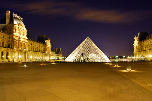 Paris, France - November 7, 2009: Louvre Pyramid and the palace, at night, blue sky with an empty square