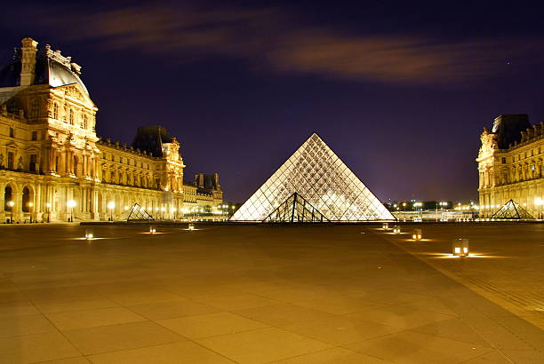 Louvre Pyramid and the palace, at night Paris, France - November 7, 2009: Louvre Pyramid and the palace, at night, blue sky with an empty square musee du louvre stock pictures, royalty-free photos & images