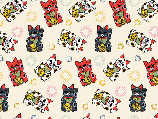 Maneki neko (Seamless, Asian pattern) Seamless, Asian pattern with maneki nekos in black, white and red on beige background. The "Maneki neko" is a traditional, Japanese luck symbol, often used in feng shui. This character is believed to bring good luck and prosperity to the owner. Literally the name says "beckoning cat". The white cat wears a red collar with a bell and holds a coin with the Japanese writing: 千万両, which means 'ten million ryō' (an extraordinary sum of money).  maneki neko stock illustrations