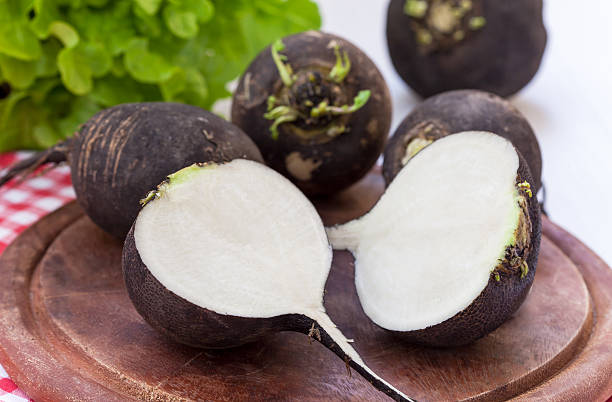 Black radish on wooden board stock photo