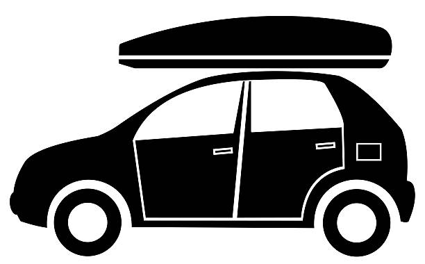 car and bag, black silhouette Car and bag on the roof, black silhouette. White background. Symbol for tourism. field trip clip art stock illustrations