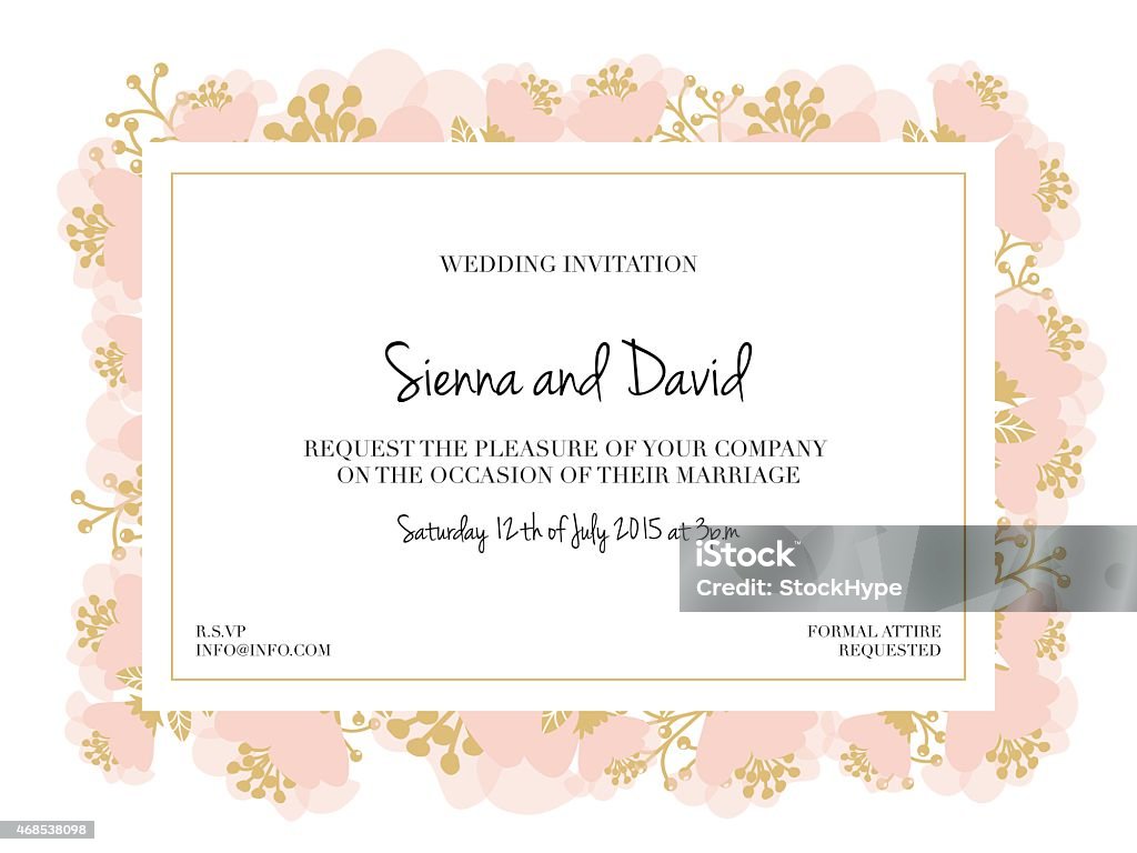 Wedding invitation card with blossoming flowers. Wedding Invitation card with a frame decorated with blooming pink flowers and golden leafs on white background. The flowers vary in there sizes. The text of the Wedding Invitation card is centered. On the top there is written "Sienna and David request the pleasure of your company on the occasion of their marriage". Two text are placed in the corner written "RSVP" and "Formal Attire required". A golden thin frame is layered around the text. Vector and illustration design. AI 10 file and Hi res jpeg included. Flower stock vector