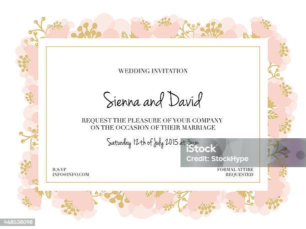 Wedding Invitation Card With Blossoming Flowers Stock Illustration - Download Image Now - Flower, Gold Colored, Pink Color