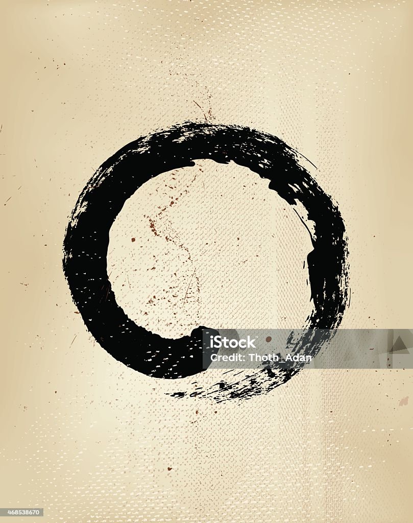 Enso grunge style – Japanese zen circle calligraphy Ensō character in black on a grunge, beige, chamois paper background. Ensō means circle in Japanese. It is a circular brushstroke used in Japanese calligraphy and represents the state of mind at the moment of creation and symbolizes absolute enlightenment, strength, elegance, the universe, and the void. Comparable to the Taoist sign of yin and yang. Japanese Culture stock vector