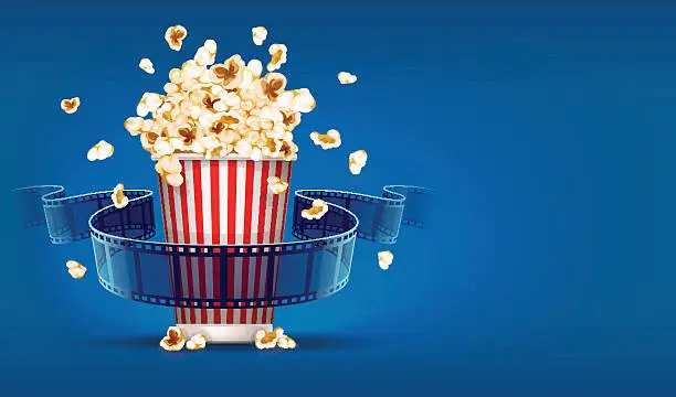 Vector illustration of Popcorn for cinema and movie film tape on blue background