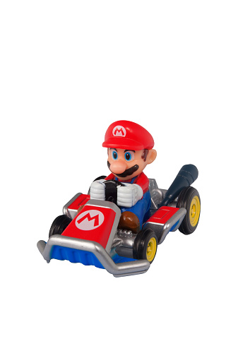 Adelaide, Australia - March 27, 2015: A studio shot of a Mario Kart diecast vehicle  from the Video and Animated Nintendo Series. Mario Kart is an extremely popular videogame worldwide with children.
