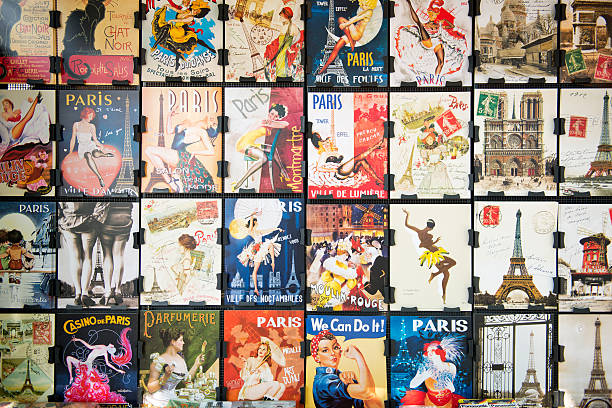 Collections of vintage postcards Paris, France - June 20, 2014: Collections of vintage postcards of burlesque dancer, the famous poster of Le Chat Noir, and other pictures from Paris. Le Chat Noir was a 19th century cabaret club in Montmartre. vintage of burlesque dancers stock pictures, royalty-free photos & images