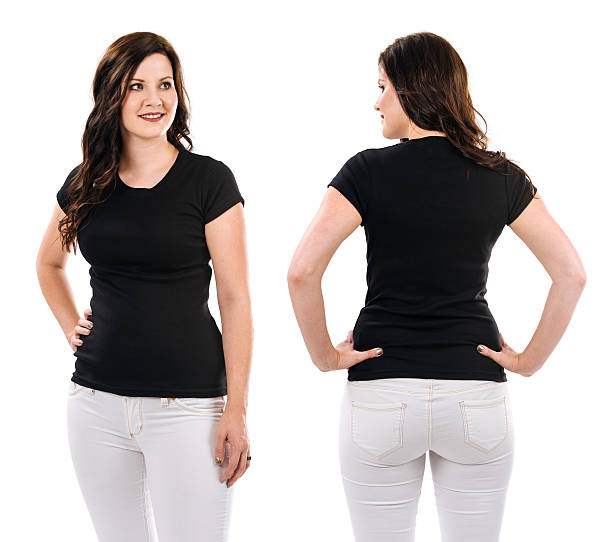 istock Brunette with blank black shirt and white pants 468543032
