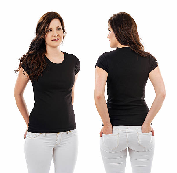 istock Pretty brunette with blank black shirt 468543368
