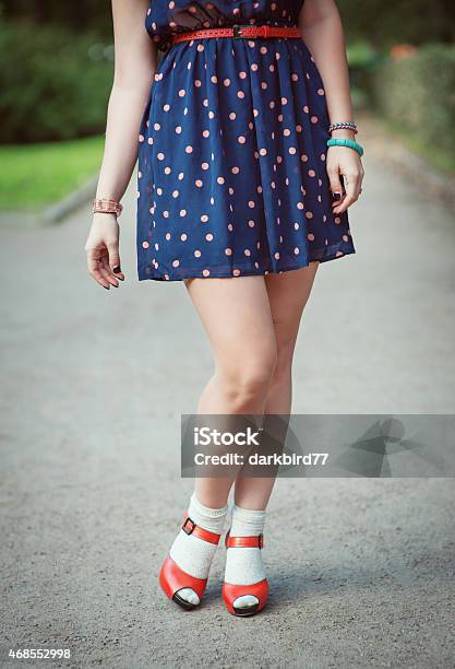 Red Sandals With White Socks On Girl Legs Fifties Style Stock Photo - Download Image Now