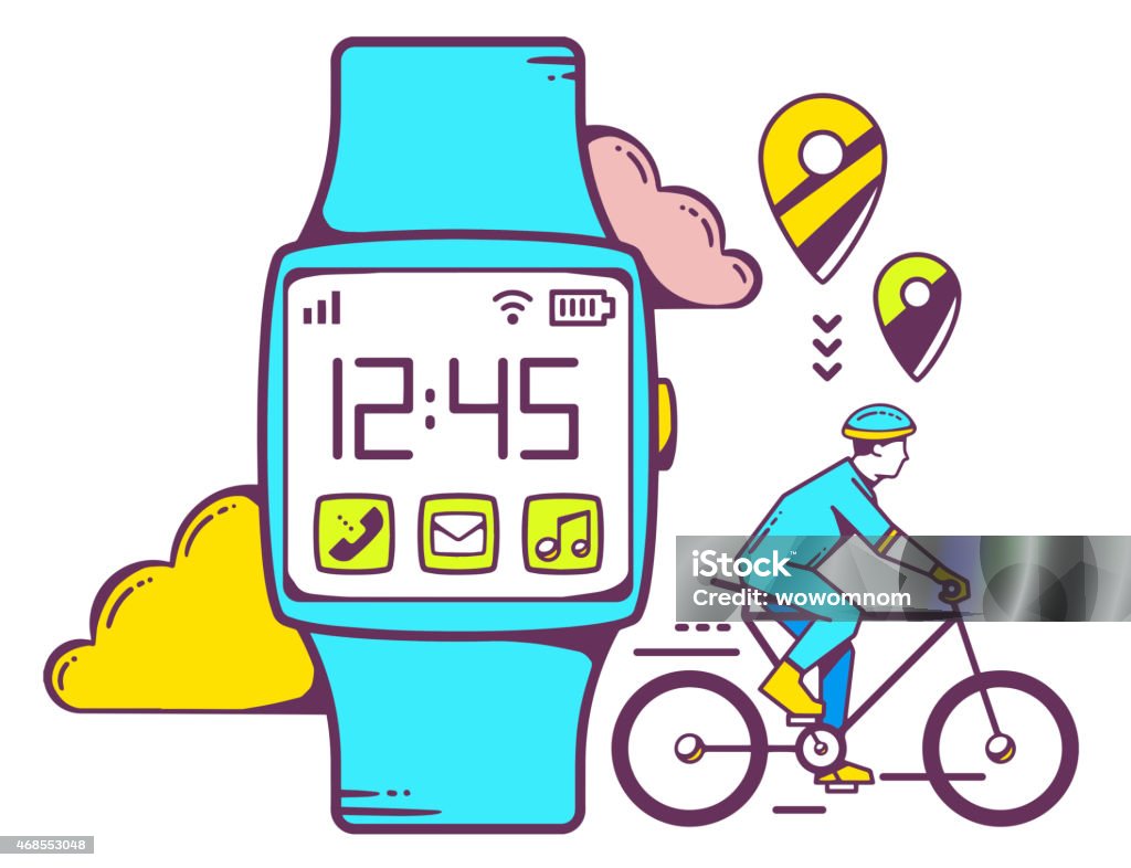 Vector illustration of blue smart watch with cyclist and cloud Vector linear illustration of blue smart watch with cyclist and cloud on white background. Color hand draw line art design for web, site, advertising, banner, poster, board and print. 2015 stock vector