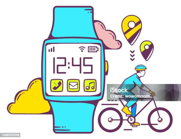 Vector Illustration Of Blue Smart Watch With Cyclist And Cloud Stock Illustration - Download Image Now