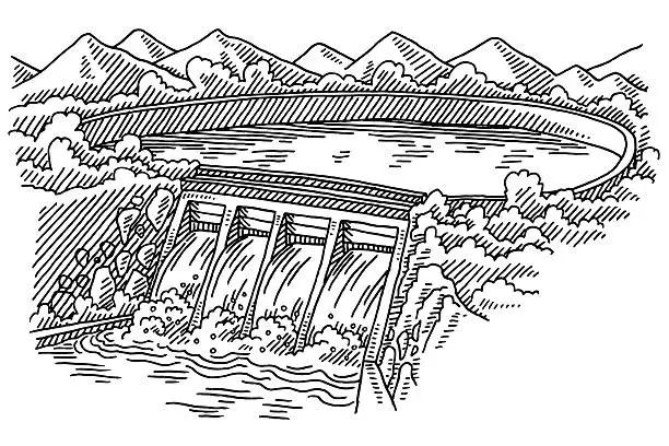 Vector illustration of Hydroelectric Power Station Water Dam Drawing