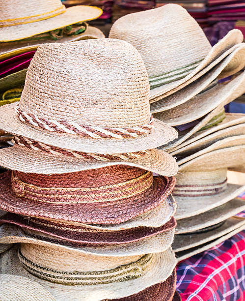 istock Close up hats in the market 468554888