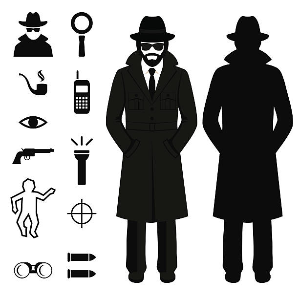 spy 아이콘이, 형사 말풍선이 있는 사람 - crime flashlight detective symbol stock illustrations