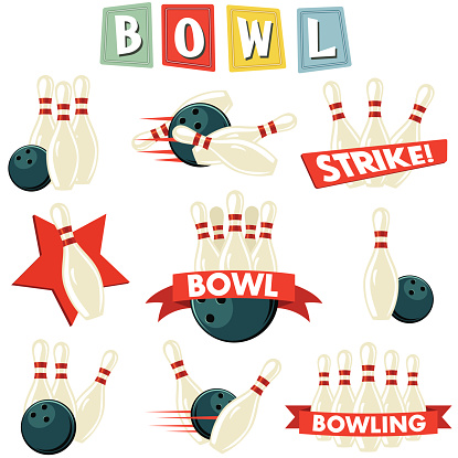 Retro Bowling Ornament Set. The word BOWL is across the top on retro shapes. There are nine different groups of bowling ornaments. There are two banners and a ten pic setup. The words strike, bowl and bowling are present. There are pins and balls in different arrangements.